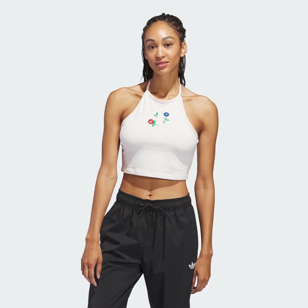 adidas White Crop Top with Floral Embroidery